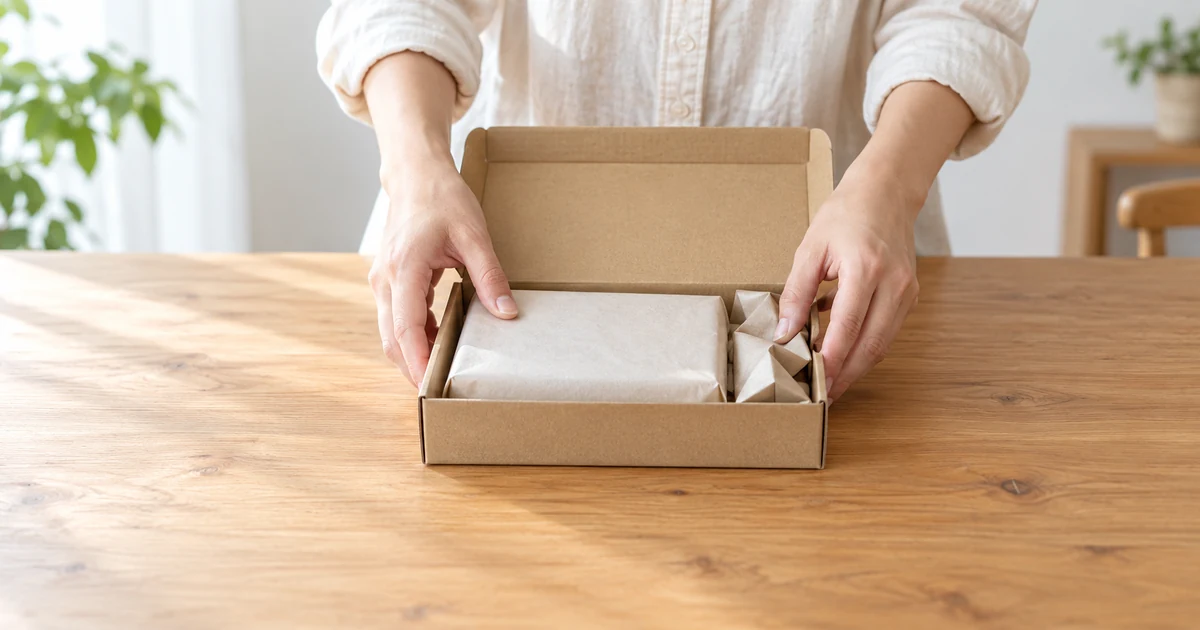 ゆうパケットプラス専用箱で荷物の隙間を整える梱包イメージを紹介するバナー画像