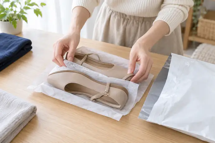 薄手の左右の履物を個別に包み、外装袋の中で向きを整えている梱包作業の手元